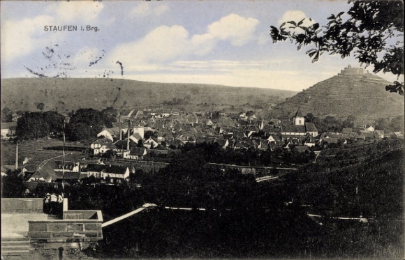 Postcard Staufen im Breisgau, panoramic view of Staufen, castle in the background, natural surroundings