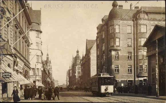 Photo Postcard Riga Latvia, street, tram No. 115, passers-by, shops