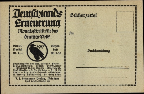 Postcard Germany&#39;s renewal, monthly magazine for the German people in 1917, JF Lehmanns Verlag Munich