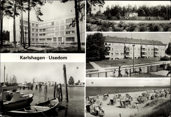 Postcard Karl Hagen on Usedom, Heinrich Heine High School, port, VVN memorial, new buildings, beach