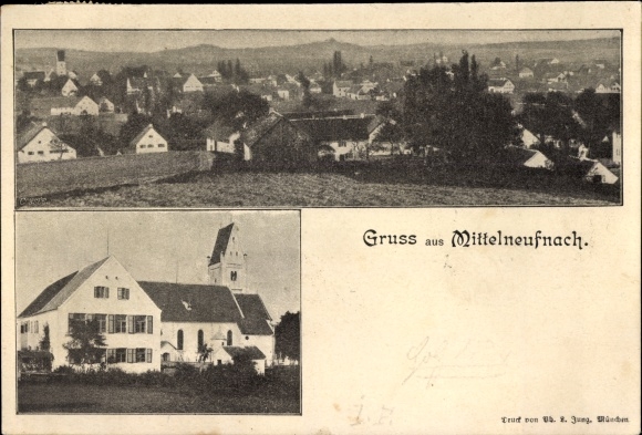 Ak Mittelneufnach in Schwaben, Totalansicht der Ortschaft, Kirche