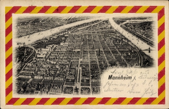 Embossed Passepartout Postcard Mannheim in Baden, aerial photograph