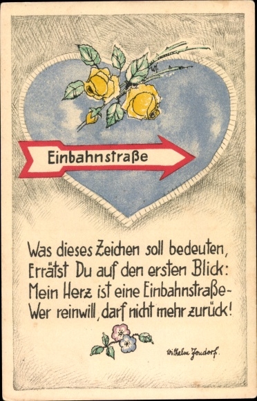 Artist poem Postcard Jondorf, Wilhelm, What this sign should mean, one-way street