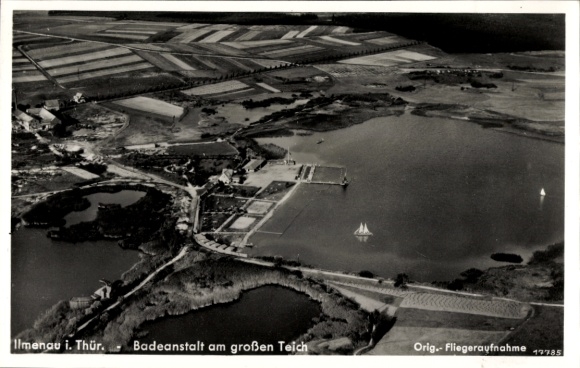 Postcard Ilmenau in Thuringia, aerial photograph, bathing establishment at the large pond