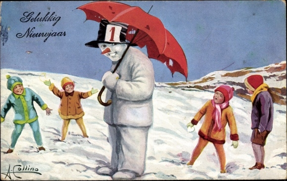 Artist PC Collino, A., Happy New Year, Humanized Snowman, Children