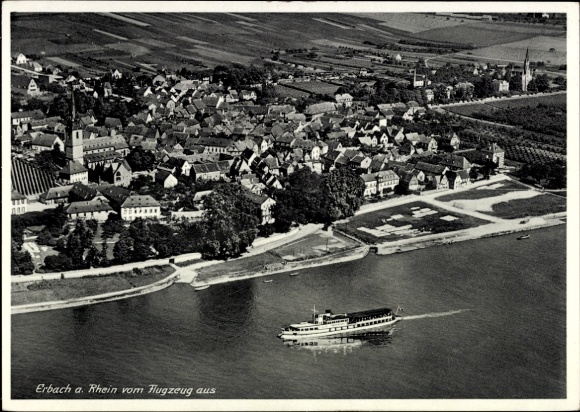 KP Erbach im Rheingau Eltville am Rhein Hesse, widok z lotu ptaka statku na wodzie, wiejski