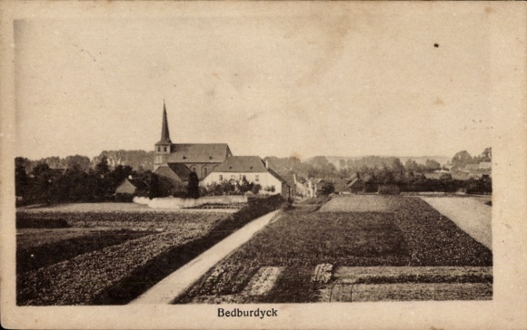 Postcard Bedburdyck Jüchen North Rhine Westphalia, partial view, church, fields