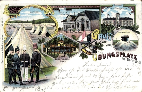Chromo-Litho Darmstadt in Hesse, military training area, Prussia. Staff building, tent camp, restoration