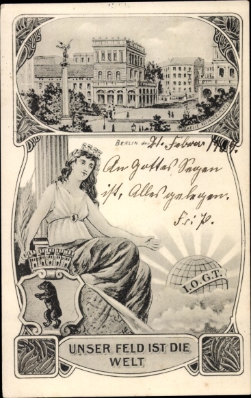 Postcard Berlin Kreuzberg, Belle Alliance Platz, IOGT, Good Templar Order, Our field is the world