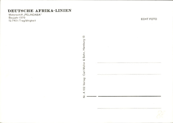 Postcard Motor Ship Pelindaba, Deutsche Afrika Linien