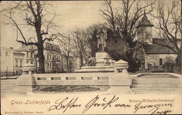 PC Berlin Steglitz Lichterfelde, Kaiser Wilhelm Memorial, monument, trees, art publisher J. Goldiner