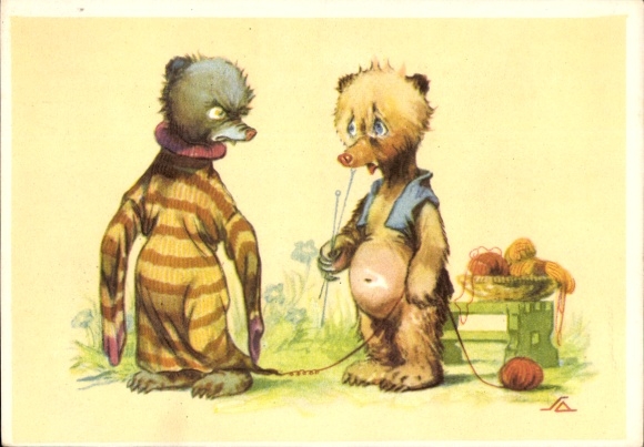 Artist Postcard Two bears, humanized, knitted sweater