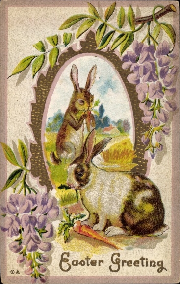Embossed gold PC congratulations Easter, rabbit, carrot, lilac