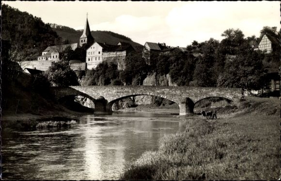 Postcard Schuld an der Ahr, riverbank view