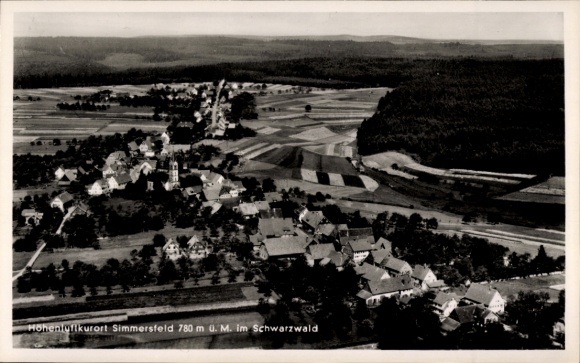 Postcard Simmersfeld in the Black Forest, aerial photograph of a mountain health resort, Black Forest, structured fields