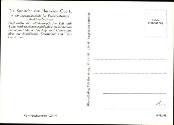 Postcard The art clock by Hermann Goertz, engineering school for precision engineering Glashütte