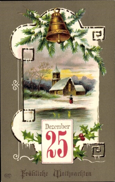 Präge Ak Glückwunsch Weihnachten, Kalender, Stechpalme, Glocke, Tannenzweige