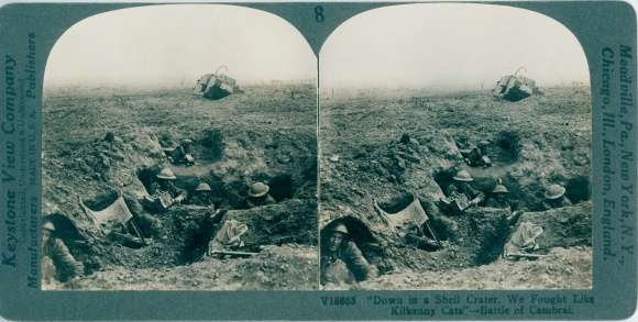 Stereo photo Down in a shell crate we fought, Battle of Cambrai, I WW