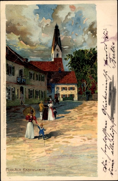 Artist Chromo-Litho Schmidt, C., Pullach, Rabenwirt, Market, Lady with Child