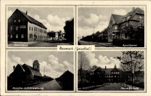 Postcard Neumark in Saxony, four-part: Inn, Pharmacy, Church, New School