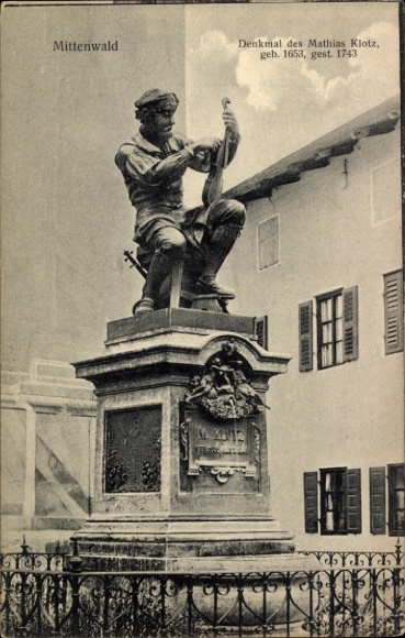 Ak Mittenwald in Oberbayern, Denkmal von Mathias Klotz, Statue,  Jahr 1653-1743