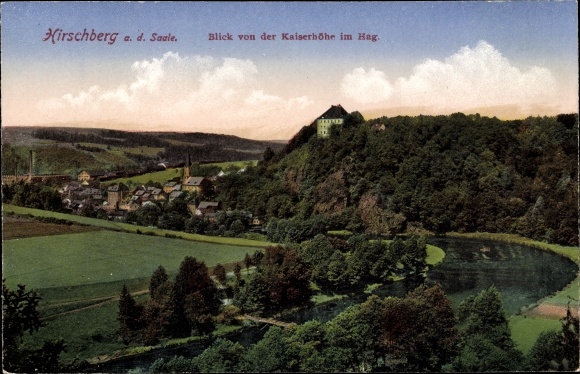 Postcard Hirschberg Saale, view from the Kaiserhöhe im Hag, panorama from the town