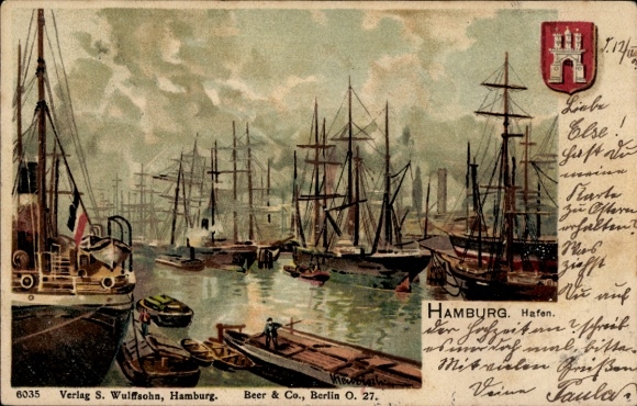 PC Hamburg Altona Neumühlen Oevelgönne, harbor with ships, historical depiction, PC...