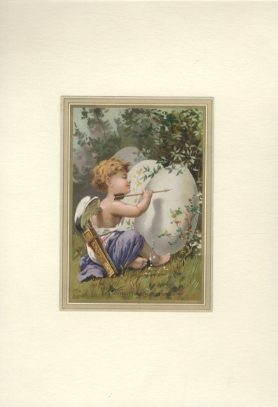 Wafer / lacquer picture angel with bow and arrow, large Easter eggs, approx. 16 x 11 cm