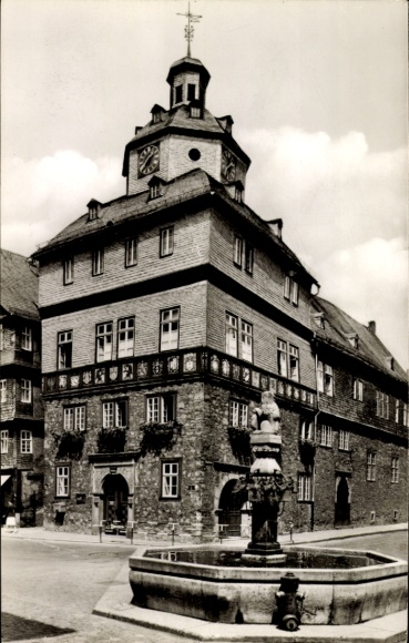 Postcard Herborn in Hesse, town hall, market fountain