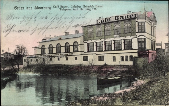 Postcard Hamburg Harburg Moorburg, Café Bauer, owner: Heinrich Bauer