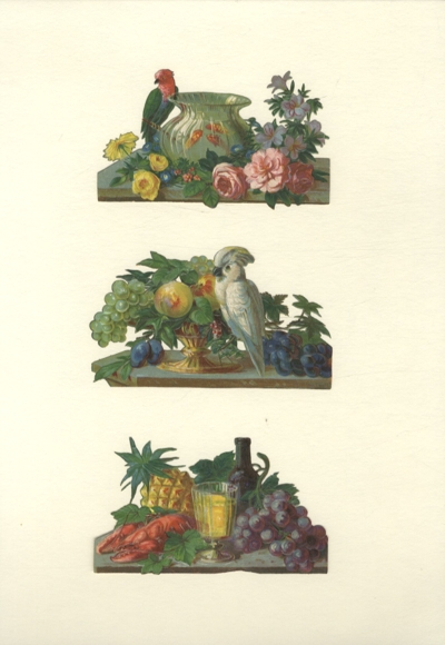 3 wafers still life with flowers, fruits, parrots, each approx. 6.5 x 11.5 cm