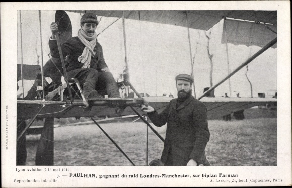 Postcard aviation pioneer Paulhan, winner of the London Manchester air race in 1910, Farman biplane aircraft