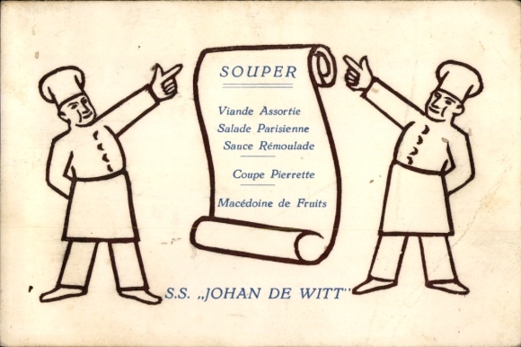 Postcard menu/menu card of the SS Johan de Witt