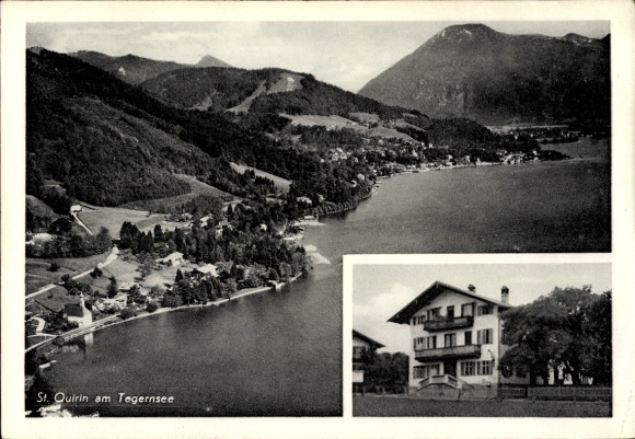 Postcard St. Quirin Gmund am Tegernsee Upper Bavaria, landscape shot with Tegernsee, building in the foreground