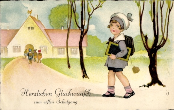 Postcard Congratulations School Enrollment, Child with Blackboard, School Building
