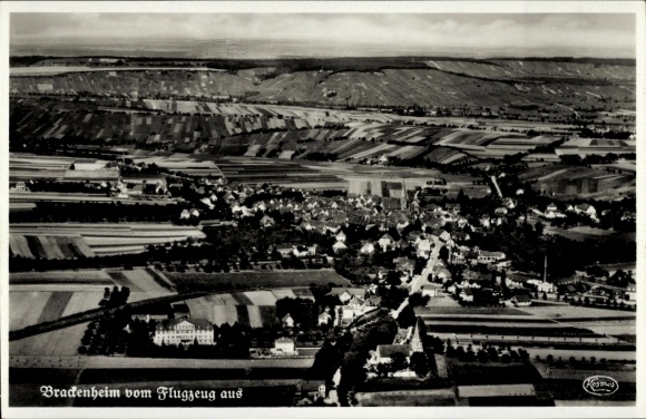 Postcard Brackenheim an der Zaber Württemberg, aerial photograph of fields and landscape, black and white