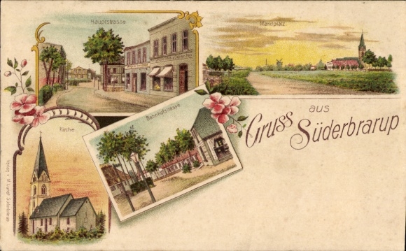 litho Süderbrarup in Angeln, hoofdstraat, marktplein, kerk, Bahnhofstrasse