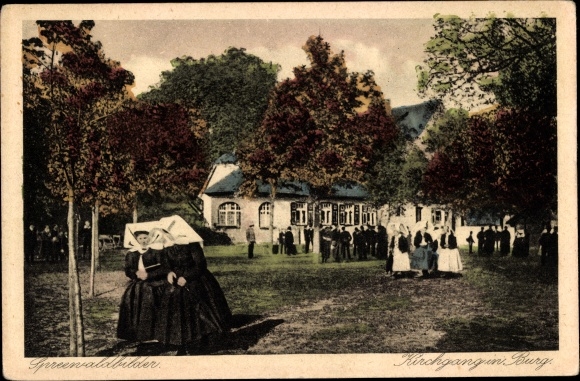 Ak Burg im Spreewald, Spreewald-foto's, naar de kerk gaan, vrouwen in klederdracht