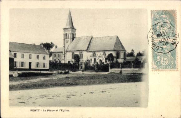 Ak Renty Pas de Calais, Kirche, Platz,  Architektur, ländliche Umgebung, Menschen