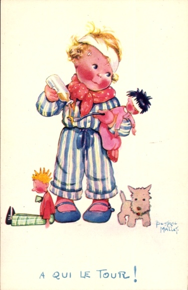 Artist Postcard Mallet, Beatrice, child with dolls, dog, cough syrup,Comite National de l'Enfance