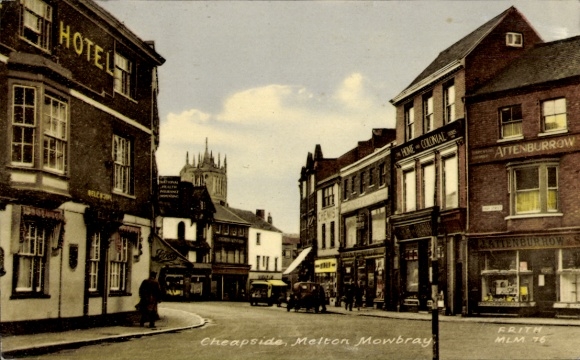 Ak Melton East Midlands England, Hotel, Cheapside, Pferdefuhrwerk, Geschäfte, Stadtansicht