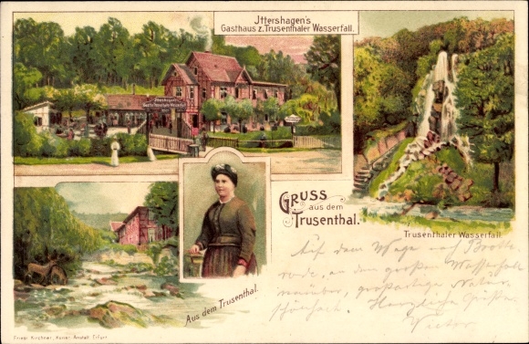 Litho Brotterode Trusetal, Ittershagens Gasthaus zum Trusethaler Wasserfall
