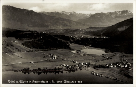 Postcard Bühl am Alpsee Immenstadt im Allgäu, landscape shot from above, mountain ranges, houses, lake