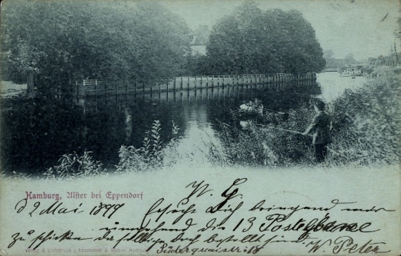 Postcard Hamburg Nord Alsterdorf, Hamburg-Alster near Eppendorf, shore, river, landscape, vegetation, man...