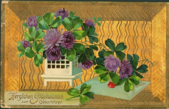 Embossed Postcard Congratulations Birthday, Lucky Clover, Flowers