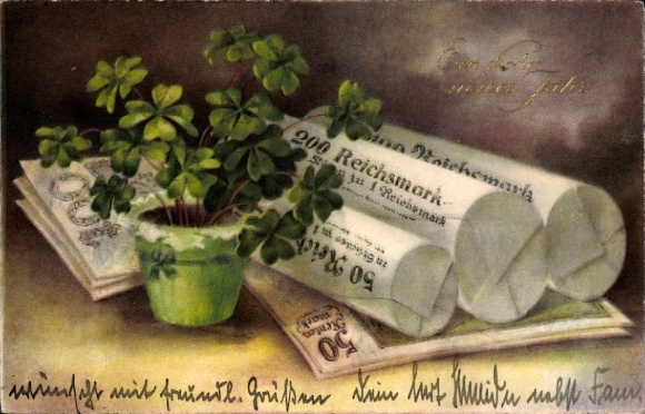 KP Szczęśliwego Nowego Roku, koniczyny, marki Reichsmarków, rolki pieniędzy, banknoty