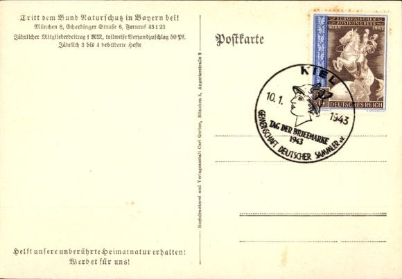 Postcard Bund Naturschutz in Bayern, coat of arms, stamp Berlin Großdeutscher Reichstag 1942