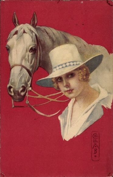Artist Postcard Colombo, E., portrait of a woman with a horse