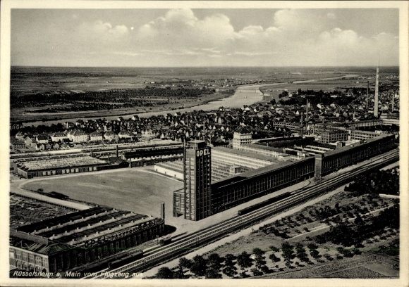 Postcard Rüsselsheim am Main Hesse, aerial view of OPEL factory, surroundings