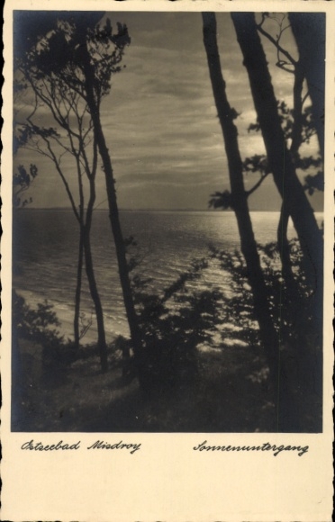 Postcard Międzyzdroje Baltic Sea resort Misdroy Pomerania, sunset